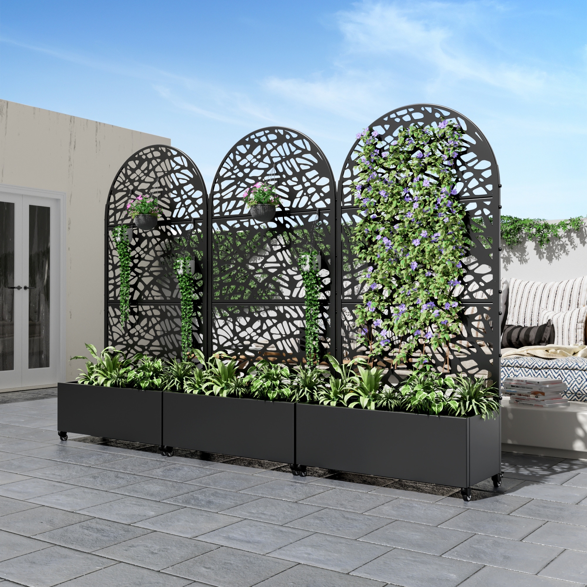 Metal Galvanized Planter Box with Trellis Privacy Screen Lockable Wheels