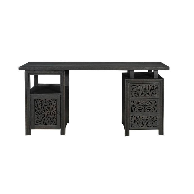 HomeRoots 68" Black Solid Wood and Metal Carved Floral Desk With Three Drawers