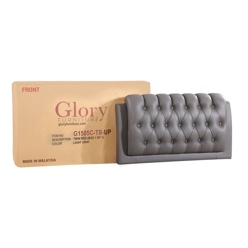 Twin Bed with Padded Headboard - Light Grey Faux Leather Platform Bed Frame for Bedroom