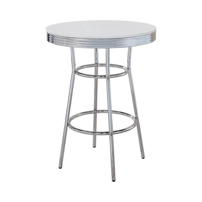 42 Inch Round Bar Table, Ribbed Apron, Glossy White Lacquer, Retro Style