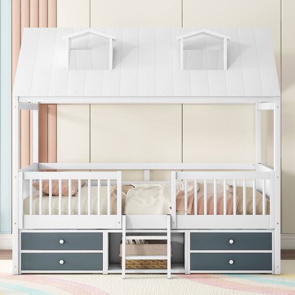 slide 2 of 12, White Full Size Wood House Bed with Fence & Roof Full - White
