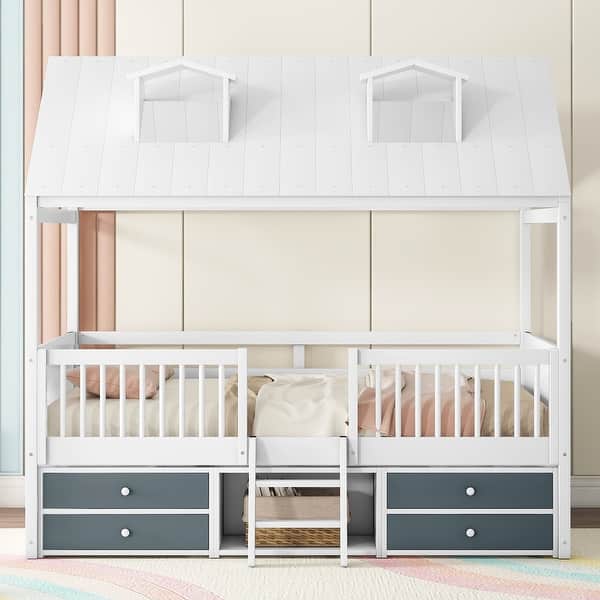 slide 2 of 48, Wood Bed House with Fence and Roof for Kids, Boys and Girls, Bedroom Full - White