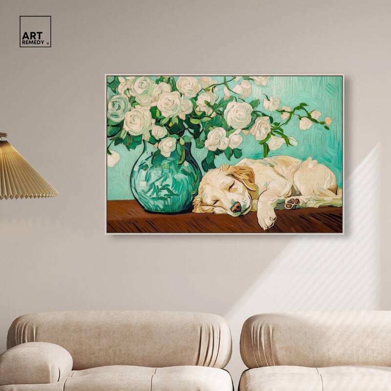 Rose Vase Puppy Canvas by Art Remedy