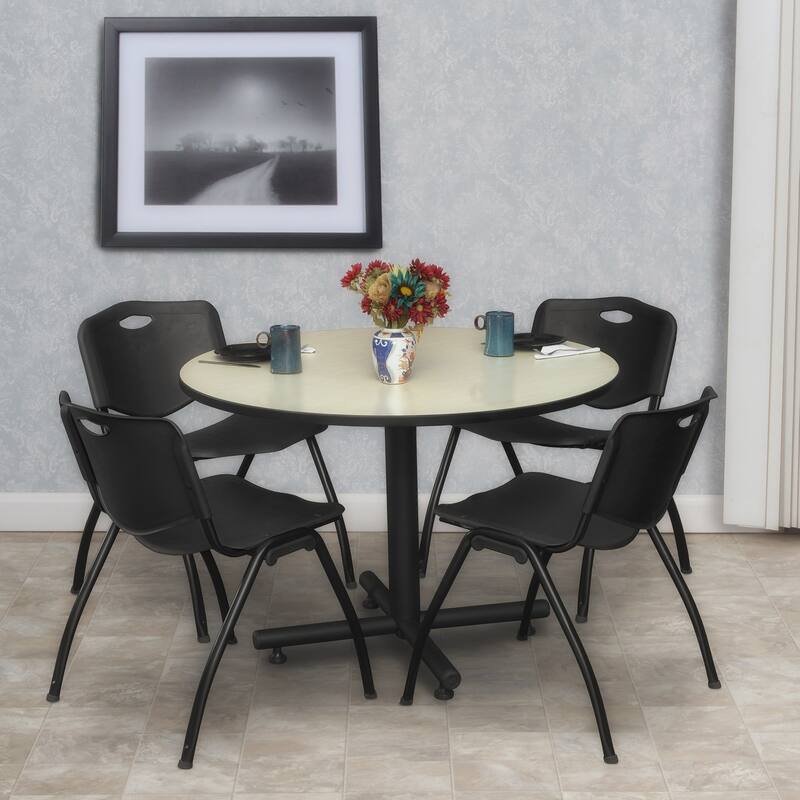 48 in. Round Breakroom Table- Maple & 4 'M' Stack Chairs- Black