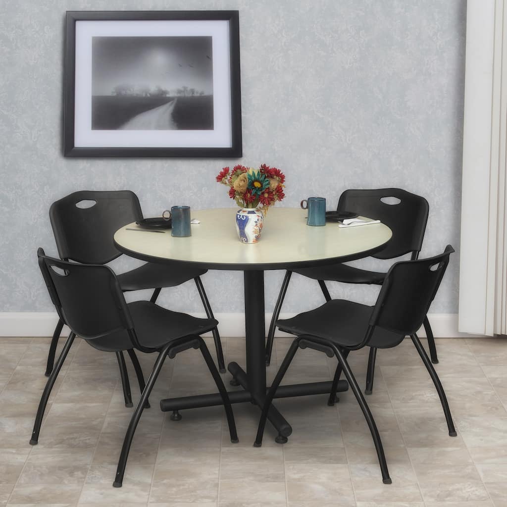 48 in. Round Breakroom Table- Maple & 4 'M' Stack Chairs- Black