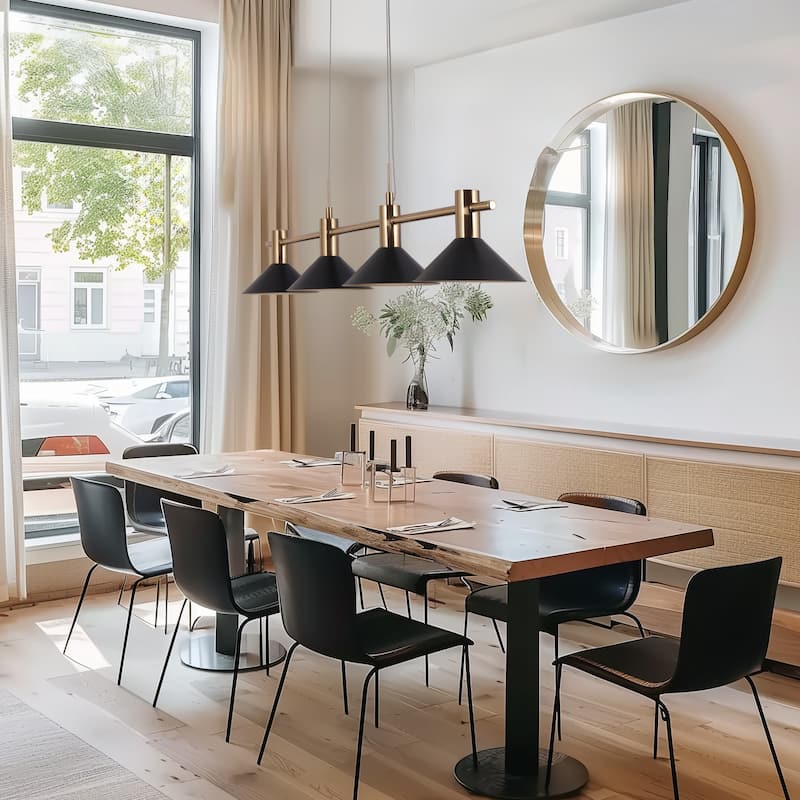 Modern Linear 4-Light 38.5" L Black Gold Bowl-shaped LED Chandelier Industrial Metal Kitchen Island Lights for Dining Room
