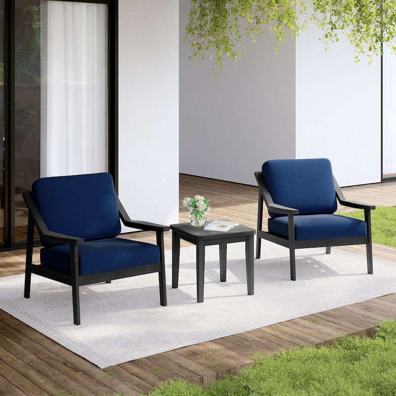 Outdoor Wood Cushioned Patio Set of 2 Accent Chair with Side Table - Dark Wood - Navy