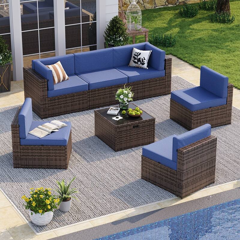 AOXUN Wicker Rattan Outdoor Sectional Sofa Set with Coffee Table - 7 pcs - Brown-Blue