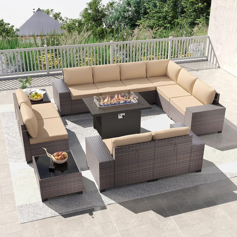 Delnavik 13 Pieces Outdoor Patio Furniture Set with Fire Pit Table w/ Wide Armrests