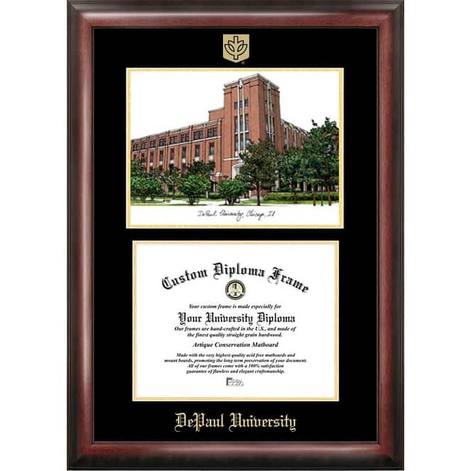 DePaul University 11w x 8.5h Gold Embossed Diploma Frame with Campus Images Lithograph