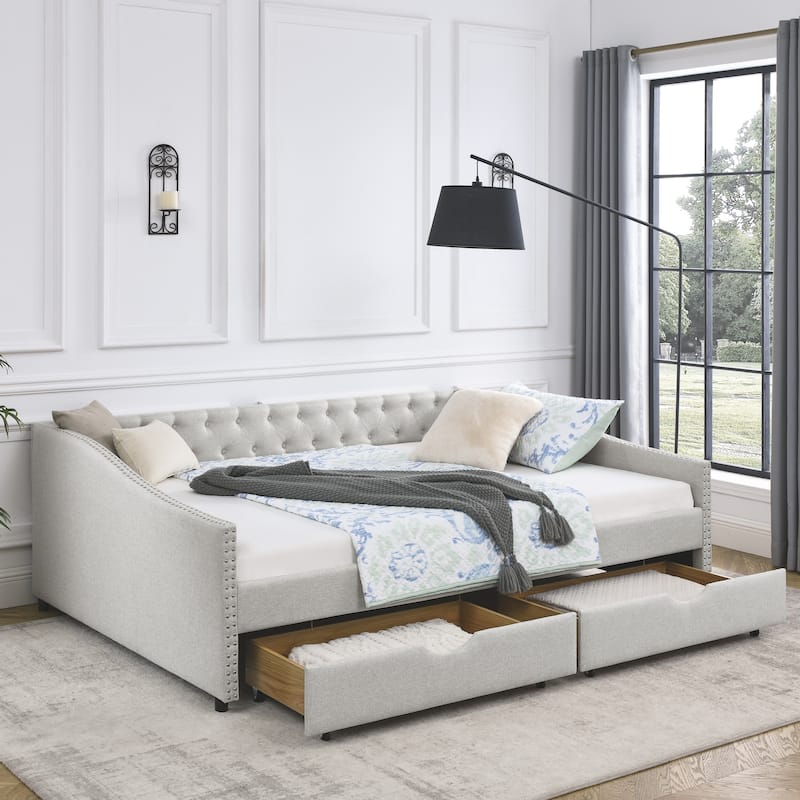 Queen Size Daybed with Drawers Upholstered Tufted Sofa Bed - Beige