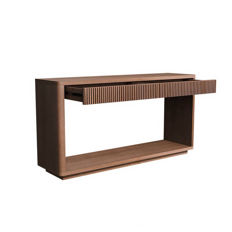 60" Modern 2-Drawer Fluted Console Table Natural Wood Veneer Sofa Table Behind Couch Table for Living Room, Hallway, Entryway