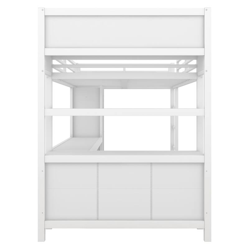 Full Size Metal Loft Bed with Wardrobe and L-shaped Desk, Storage Cubes and Shelves
