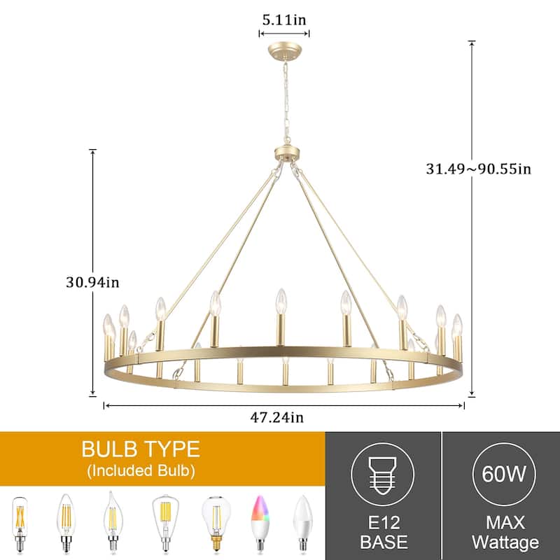 20-Light Modern Farmhouse Chandelier, 47.24 Inch Wagon Wheel Chandelier for Living Room Kitchen Island Dining Foyer