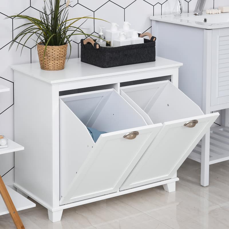 HOMCOM Laundry Room Organization and Storage Cabinet Freestanding Furniture with 2 Tilt Out Hamper Design, White - 30*15.75*27.5