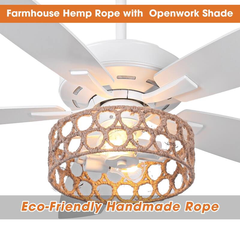 52" Bohemian White 5-Blade Natural Jute Ceiling Fan with Light Kit and Remote