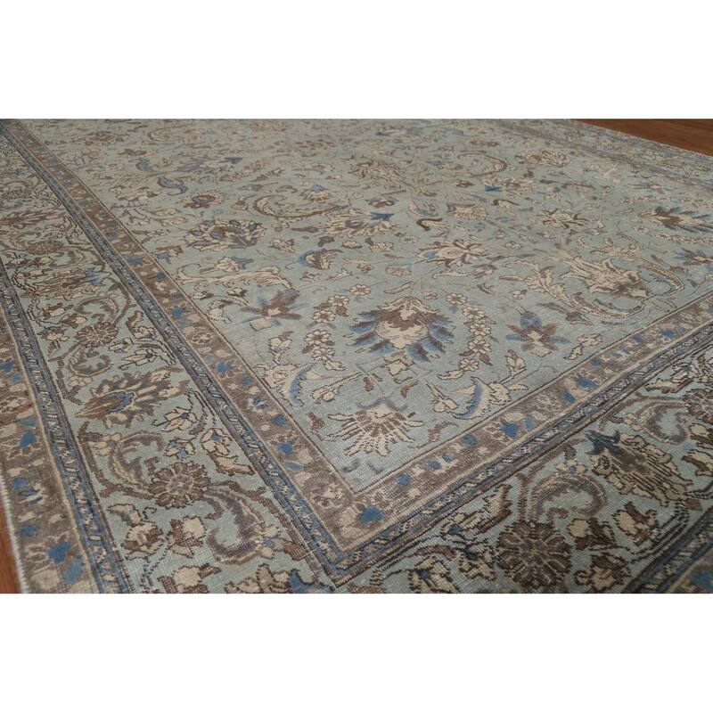 Blue Tabriz Persian Rug Hand-Knotted Distressed Floral Wool Carpet - 7'4"x 10'8"