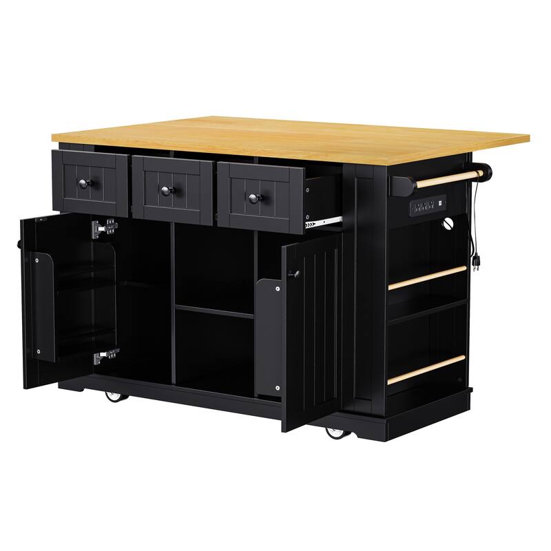 53inch Large Kitchen Island with Drop Leaf,Door Internal Storage Rack, Rolling Kitchen cart on 5 Wheels with 5 Open Side Racks