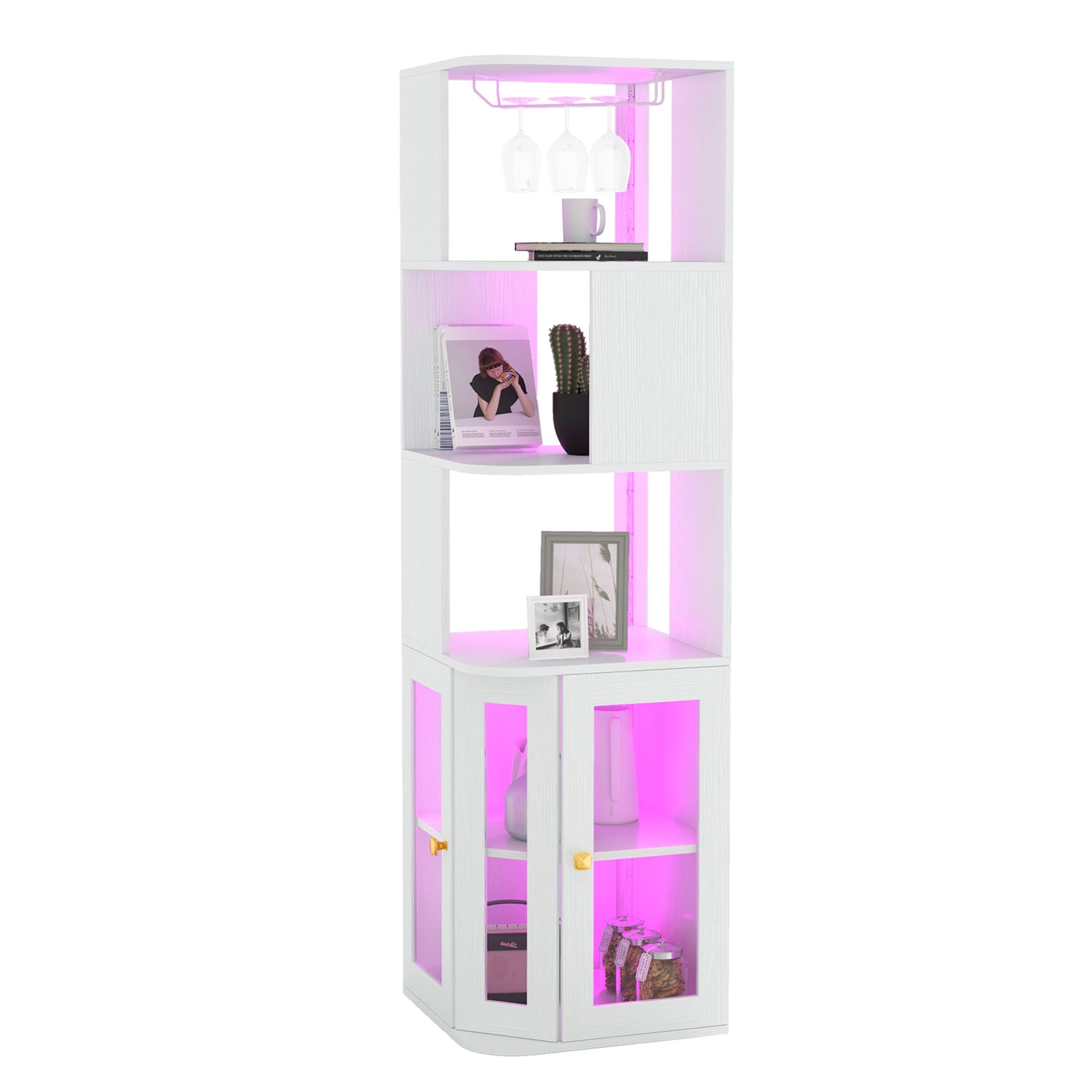Moasis Modern LED Corner Wine Cabinet with Glass Holder and Adjustable Shelves
