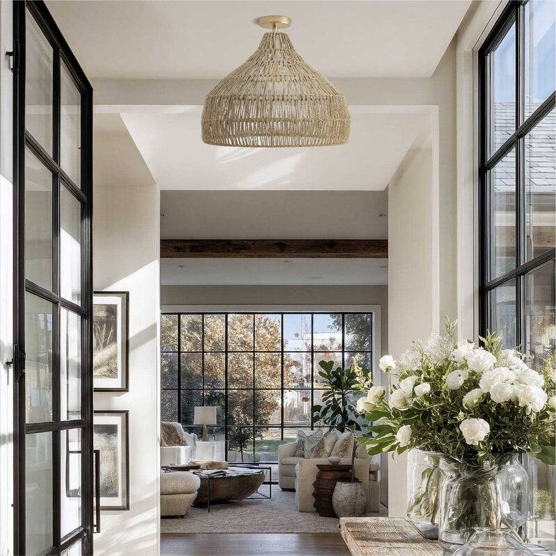 Dreamy Flush Mount Light - Palm Fibers & Brown 1-Light Dome Ceiling Light for Bedroom or Hallway in Modern, Mid-Century Style