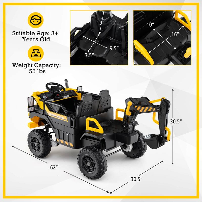 Costway 24V Ride On Excavator, 4WD Electric Truck Construction Vehicle - as pic shows - See Details