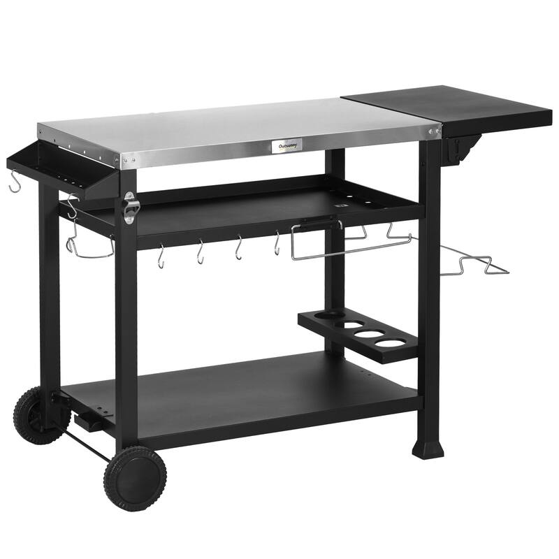 Outsunny Outdoor Grill Cart with Foldable Side Table, 46" x 21.75" Multifunctional Stainless Steel Pizza Oven Stand - Black
