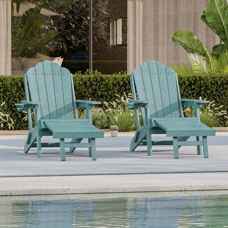 3-Position Adjustable Folding Adirondack Chair W/ Ottoman for Outdoor - 2-Piece - LakeBlue