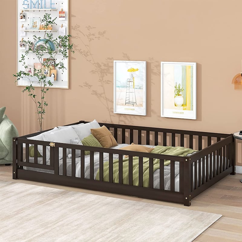 Twin/Full/Queen Size Floor Bed with Safety Guardrails, Toddler Floor Bed for Girls and Boys