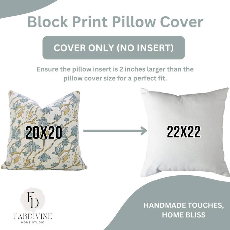 Fabdivine Eco Block Print Floral Cushion Cover for Living Room or Chair, Rustic Soft Linen Pillowcase 14x36 Inch, Shivri