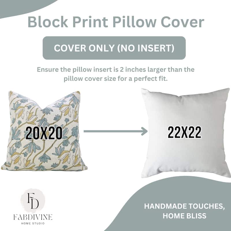 Fabdivine Eco Block Print Floral Cushion Cover for Living Room or Chair, Rustic Soft Linen Pillowcase 26x26 Inch, Shivri