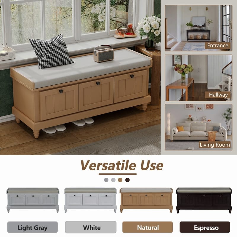 Classic Storage Bench with Cushioned Seat and Drawers