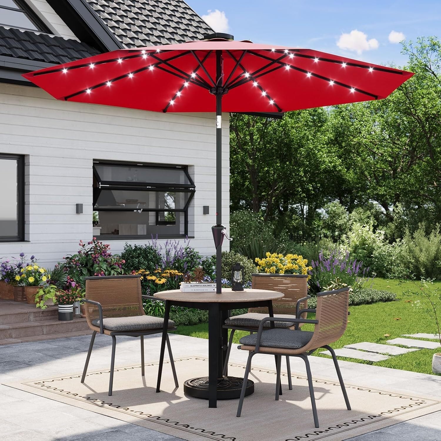 Garvee UV Protection 9 FT Patio Table Umbrella with Solar lights for Garden, Pool, Deck