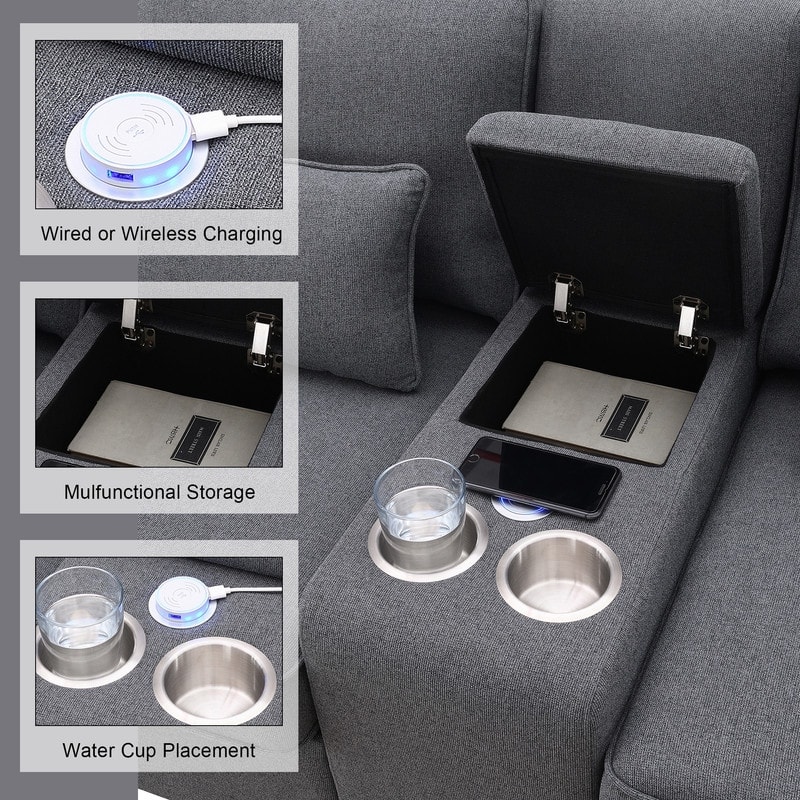 114.2" Upholstered with console, 2 cup holders and USB port (wired or wireless charging) with 4 pillows
