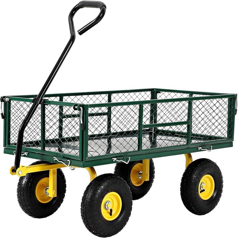 900-lb Capacity Steel Garden Cart Removable Mesh Sides Convert to Flatbed and 180Degree Rotating Handle Green - Green