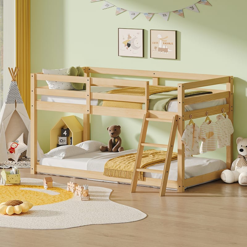 Kids Twin Low Loft Bed - Convertible to Bunk Bed, Solid Wood Modern Bed Frame with LED Strip Lighting - Oak