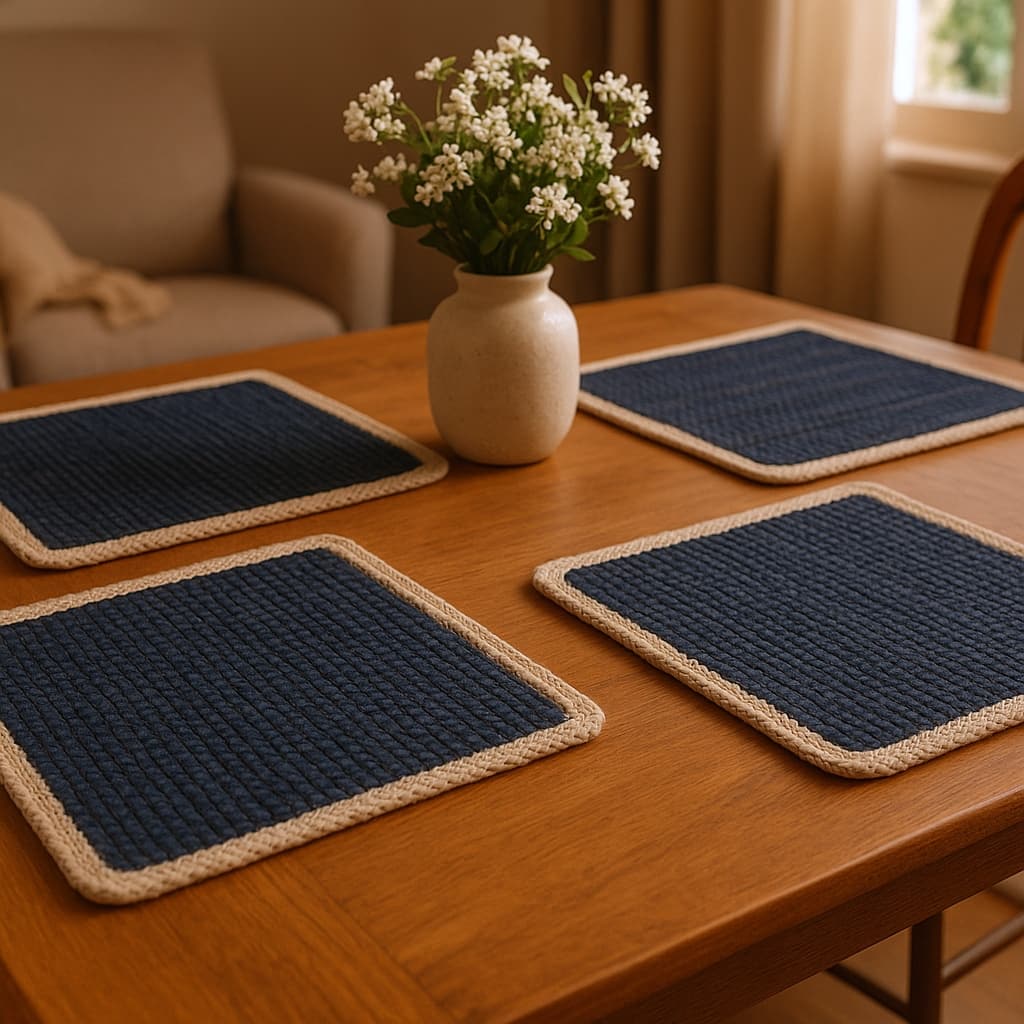 HomeRoots 15" Set of Four Navy And Natural Solid With Border Cotton Square Placemats - 15.00 in. x 15.00 in. x 0.30 in.