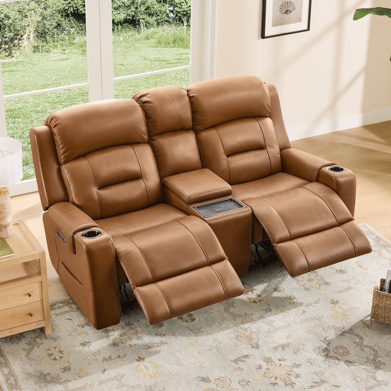Spruce & Spring Genuine Leather Power Reclining Sofa with Wireless Charging
