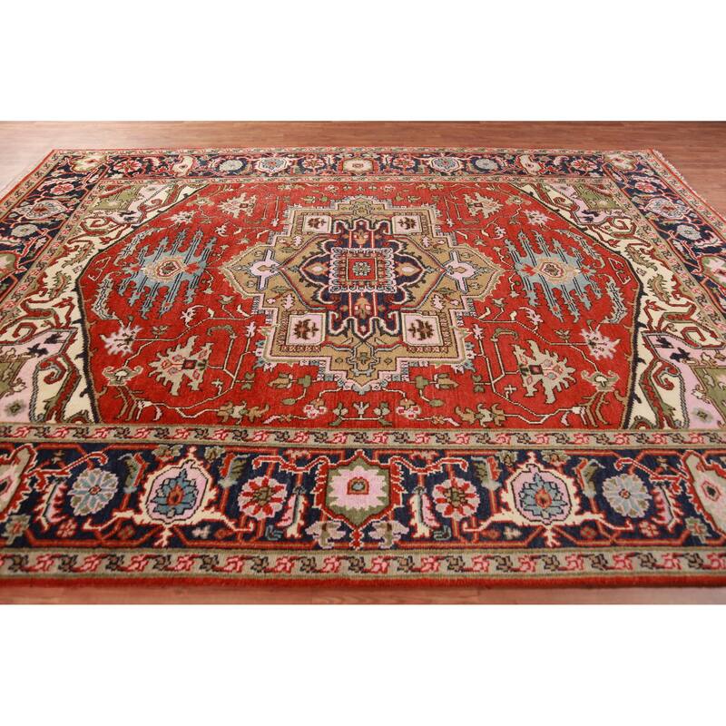 Geometric Heriz Serapi Oriental Area Rug Handmade Orange Wool Carpet - 8'11" x 12'0"