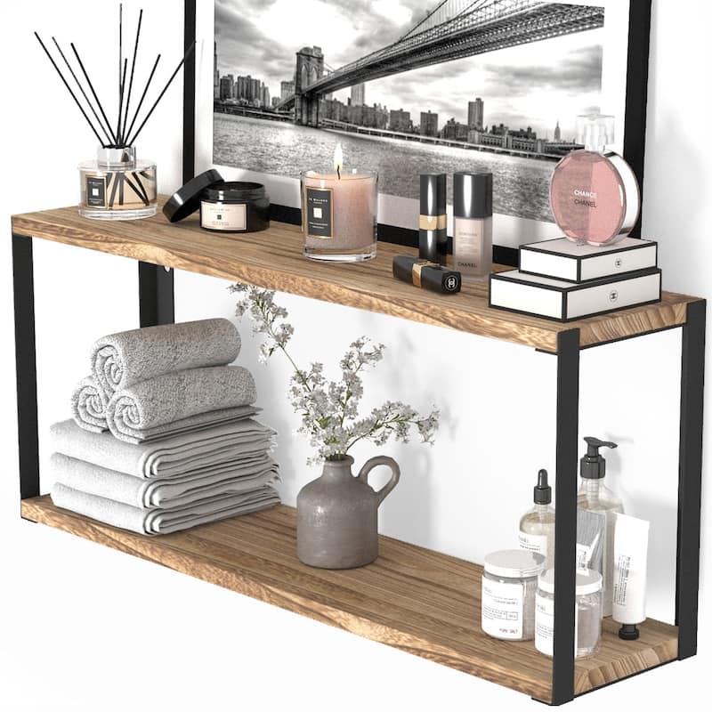 Wallniture Roca 24" Wooden Wall Shelf for Bathroom Organization and Storage, 2-Tier, Natural Burned