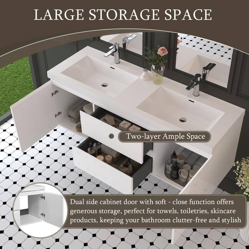 ABRUZZO 60" Floating Bathroom Double Vanity with Integrated Resin Top 2 Basins 2 Cabinets 2 Soft Close Drawers Full Assembly