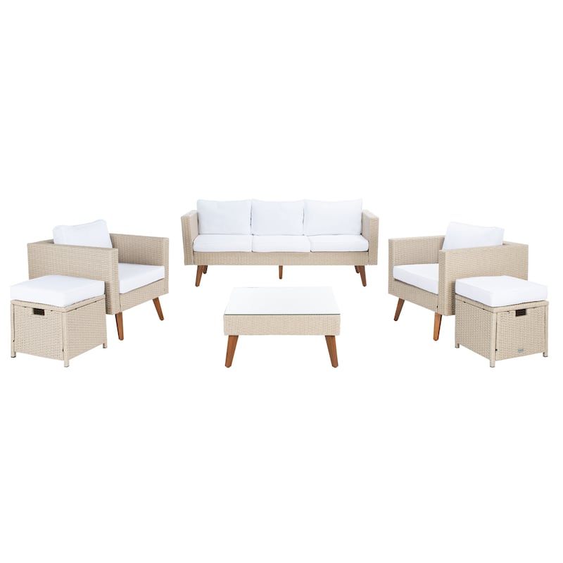SAFAVIEH Outdoor Gojka 6-Piece Living Set - 69W x 26D x 27H - Beige/White Cushion