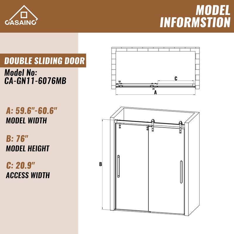 60 in. W x 76 in. H Frameless Shower Door with Tempered Glass