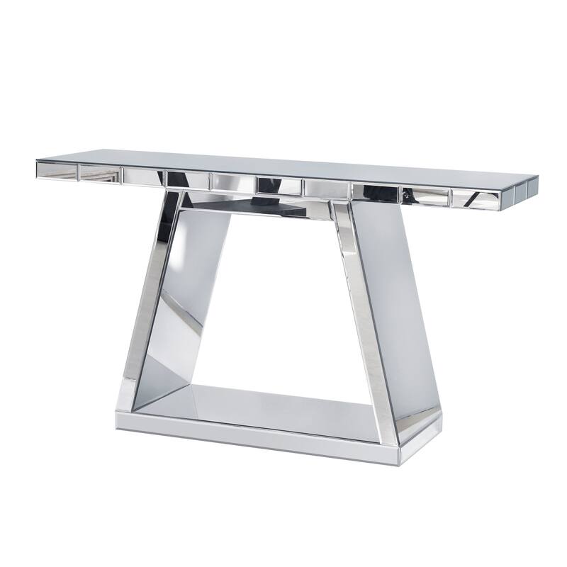 Roomfitters 55.9" Modern Luxe Mirrored Console Table, Trapezoid Base Entryway Table with 360° Reflective Glass, Silver