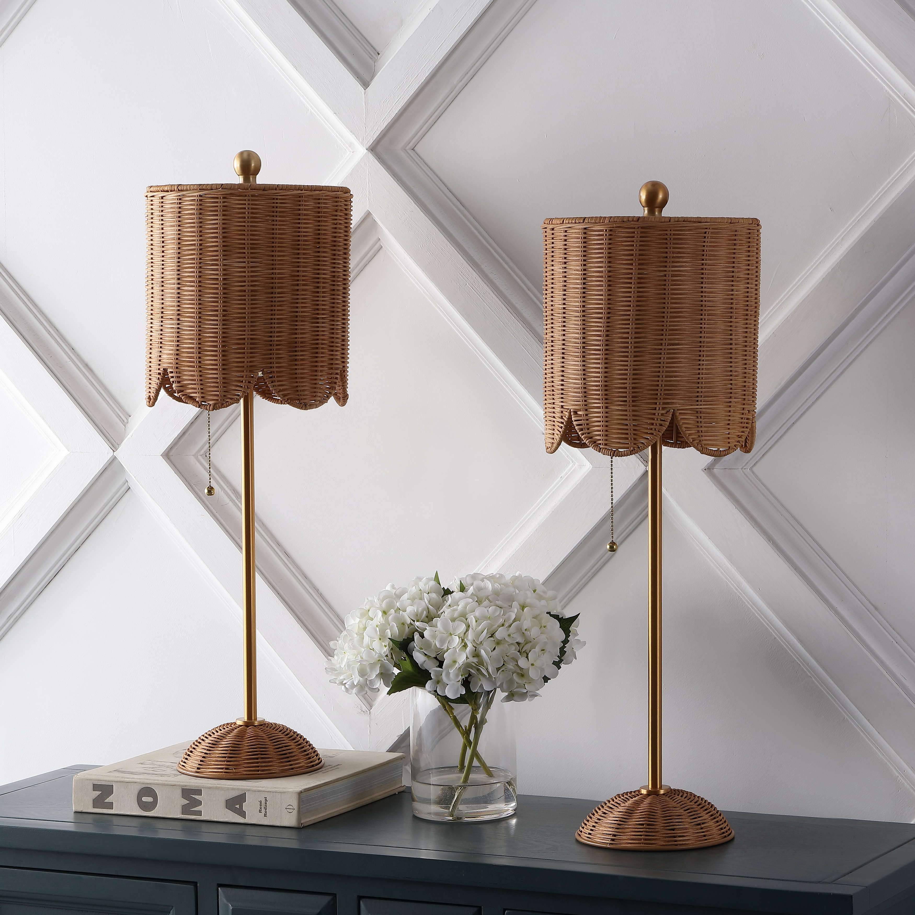 Aksel 27.5 Coastal Rattan Iron Scalloped Buffet LED Table Lamp with Pull Chain Natural Brass Gold Set of 2 by JONATHAN Y On Sale Bed Bath Beyond 39926038