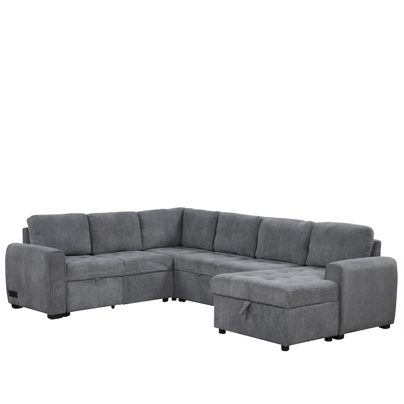 107.5" U-Shaped 5-Seat Sectional Sofa with Pull-Out Bed, Storage Chaise Lounge, USB Ports, and Power Outlets