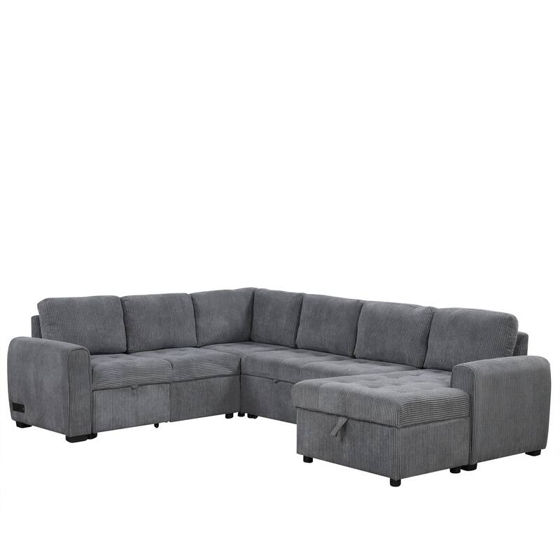 Convertible Sectional Sleeper Sofa with Pull Out Bed, Storage Chaise & Charging Devices, Oversized Corduroy U-Shaped Cloud Sofa