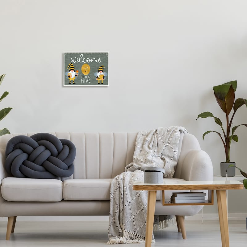 Stupell Welcome To Our Hive Honey Bee Garden Gnomes Typography Framed Wall Art - Grey
