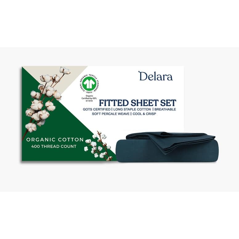 Delara GOTS Certified 100% Organic Percale Fitted Sheet Set, 400TC Long Staple Cotton, Moisture-Wicking, Smooth & Breathable