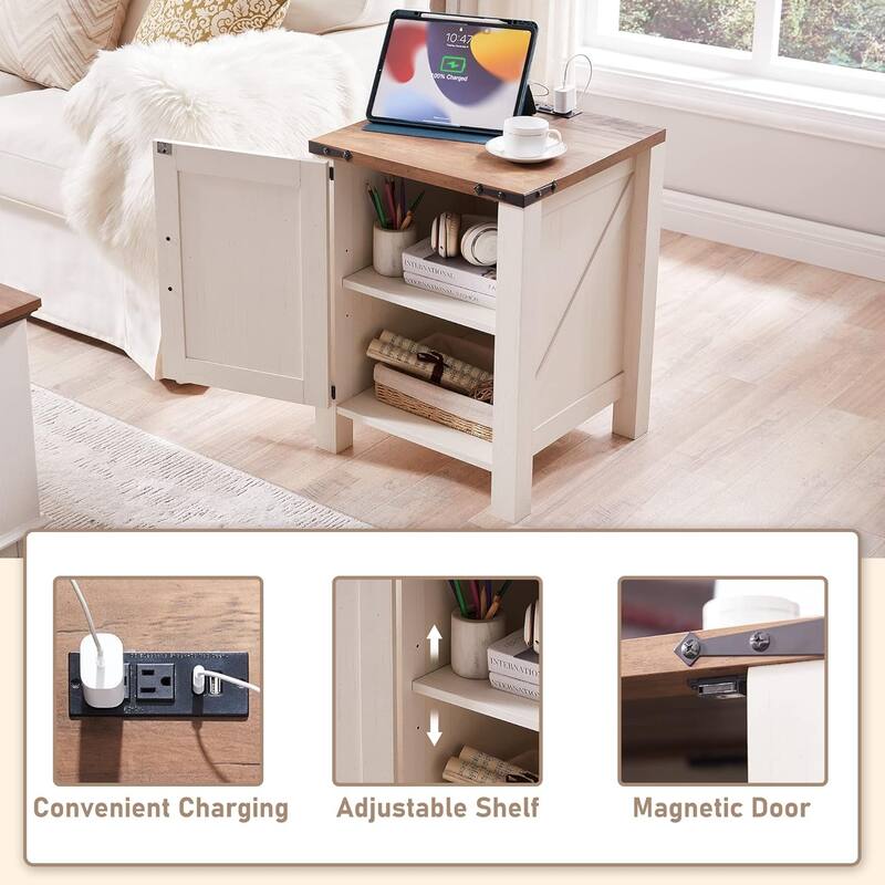 Farmhouse Nightstand Set of 2 with Charging Station, Rustic End Table
