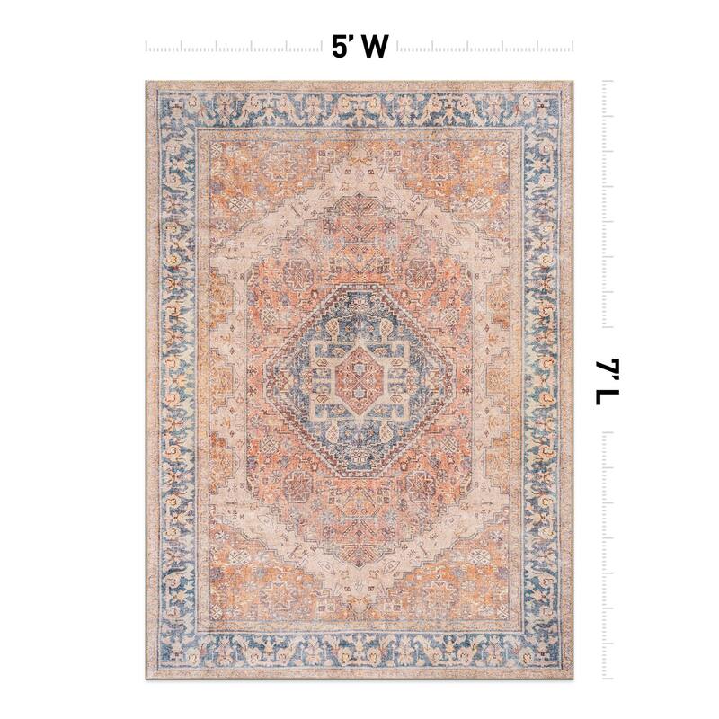 Beige Medallion Flat Pile Washable Rug - Pet Friendly, Non-Slip for Entryway and Bedroom